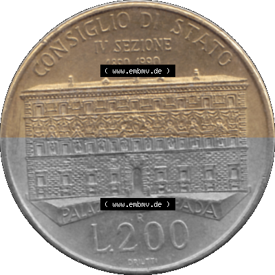 Münze aus Italien / Italia als PNG-Grafik 1990-1990, 200 Lire Gründung von Staatsrat 1990 Sammlung