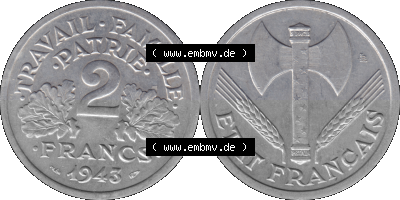 PNG einer Münze aus Frankreich 1943-1944, 2 Francs, Franken 1943 Sammlung