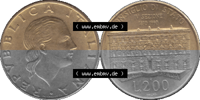 Münze aus Italien / Italia als PNG-Grafik 1990-1990, 200 Lire Gründung von Staatsrat 1990 Sammlung