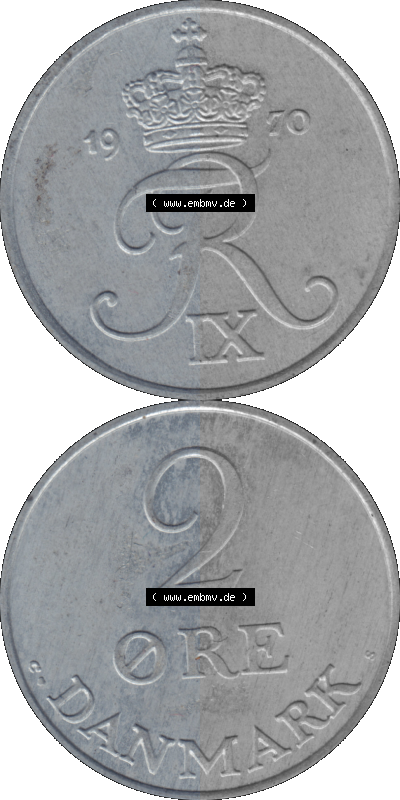 Alte Münze aus Dänemark als PNG-Grafik 1948-1972, 2 Öre 1970 (Stück 1). Vorderseite und Rückseite vertikal auf einen digitalen... Sammlung