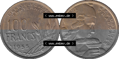 Münzen Frankreich Umlaufmünze 1954-1958, 100 Francs, Franken Typ II 1955 (Stück 1). Vorderseite und Rückseite horizontal auf... Sammlung