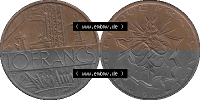 Münzen Frankreich Umlaufmünze 1974-1987, 10 Franken-Francs 1984 (Stück 1). Vorderseite und Rückseite horizontal auf einen... Sammlung