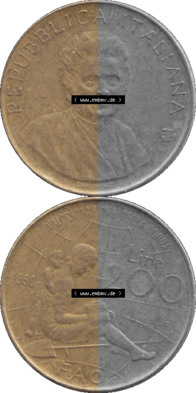 Münze aus Italien / Italia als PNG-Grafik 1980-1980, 200 Lire FAO - Internationales Jahr der Frau 1980 Sammlung