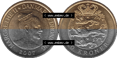Münze aus Dänemark als PNG-Grafik 2003-2010, 20 Kronen 2007, transparente PNG-Grafik in 2500 x 1250 Pixel Sammlung