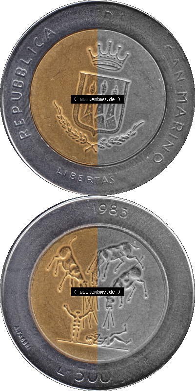 Gedenkmünzen aus San Marino, in PNG 1983-1983, 500 Lire Bedrohung durch einen Atomkrieg 1983 (Stück 1). Vorderseite und Rückseite... Sammlung