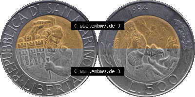 Gedenkmünzen aus San Marino, in PNG 1994-1994, 500 Lire Steinmetz mit Hammer und Meißel Rauchtürme -1994 (Stück 1). Vorderseite... Sammlung