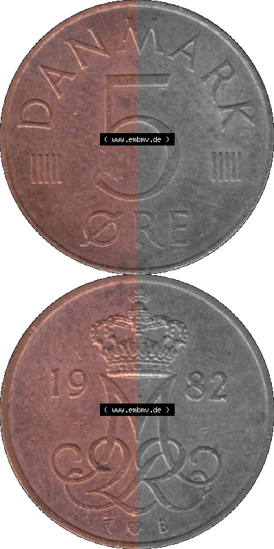 Alte Münze aus Dänemark als PNG-Grafik 1982-1988, 5 Öre 1982 Kursmünzen Sammlung