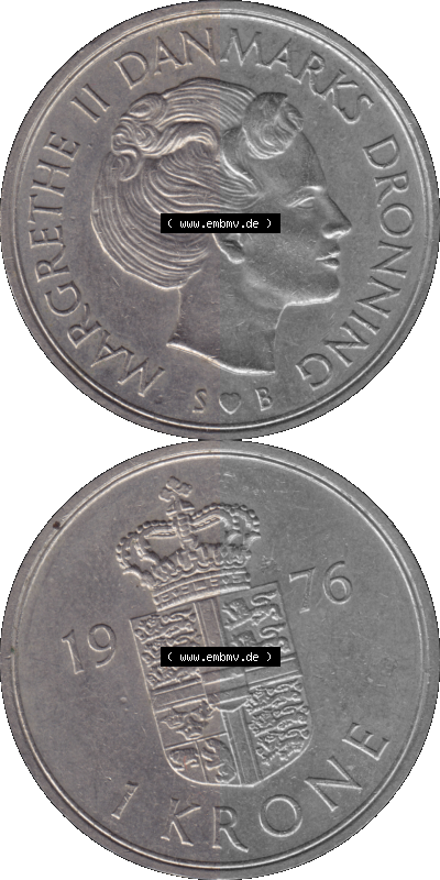 Alte Münze aus Dänemark als PNG-Grafik 1973-1989, 1 Krone 1976 Sammlung
