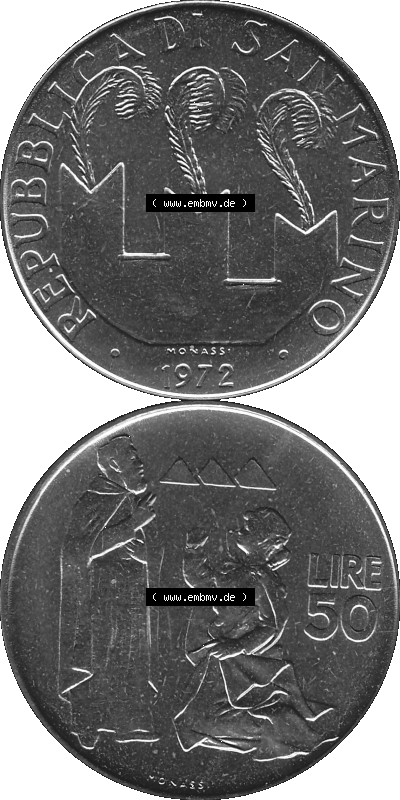 Münzensatz / KMS 1972 aus San Marino in Graustufen 1972-1972, 50 Lire, 1972, MONASSI REPUBBLICA DI SAN MARINO 50 LIRE Sammlung