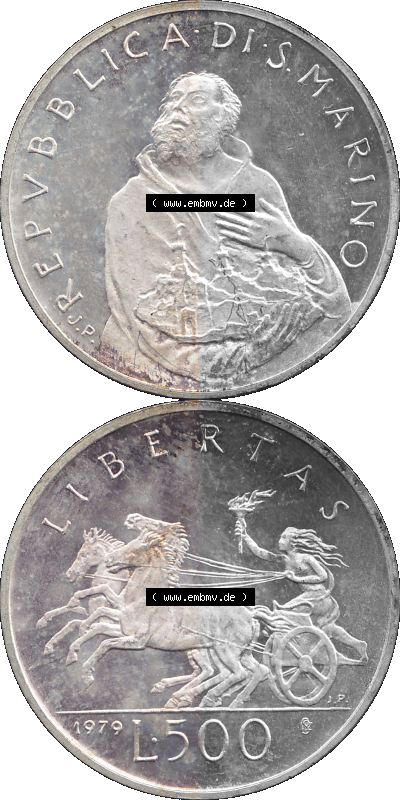 Bildmaterial Münzensatz / KMS 1979 aus San Marino im PNG-Format 1979-1979, 500 Lire, Silbermünze J.P. REPVBBLICA DI SAN MARINO,... Sammlung