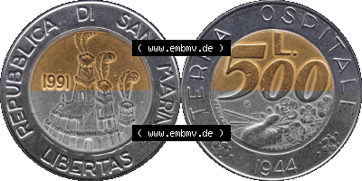 Gedenkmünzen aus San Marino, in PNG 1991-1991, 500 Lire Münze Terra Ospitale 1944 - Jahrgang 1991 (Stück 1). Vorderseite und... Sammlung
