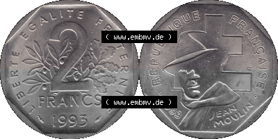 Münzen Frankreich Umlaufmünze 1993-1993, 2 Francs Jean Moulin 1993 (Stück 1). Vorderseite und Rückseite horizontal auf einen... Sammlung