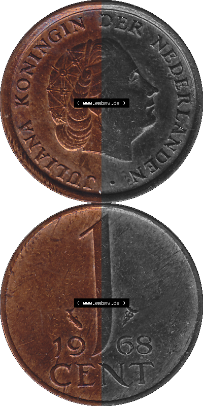 Münze der Niederlande 1951-1975, in PNG digitalisiert 1950-1980, 1 Cent Königin Juliana 1968, Vorderseite und Rückseite vertikal,... Sammlung
