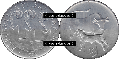 San Marino 1972-1972, Münze 10 Lire 1972, MONASSI REPUBBLICA DI SAN MARINO, 10 LIRE Sammlung