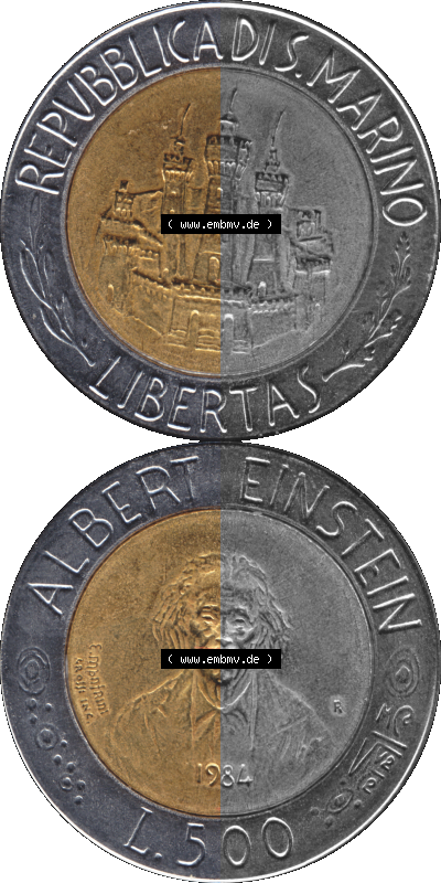 Gedenkmünzen aus San Marino, in PNG 1984-1984, 500 Lire Albert Einstein 1984 (Stück 1). Vorderseite und Rückseite vertikal... Sammlung