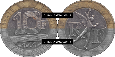 Münzen Frankreich Umlaufmünze 1991-1991, 10 Francs-01 1991 (Stück 1). Vorderseite und Rückseite horizontal auf einen digitalen... Sammlung