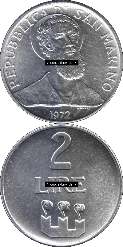 San Marino 1972-1972, Münze 2 Lire 1972, 2 LIRE MONASSI REPUBBLICA DI SAN MARINO Sammlung