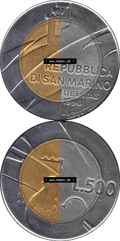 Gedenkmünzen aus San Marino, in PNG 1990-1990, 500 Lire 1600 Jahre San Marino 1990 (Stück 1). Vorderseite und Rückseite vertikal... Sammlung