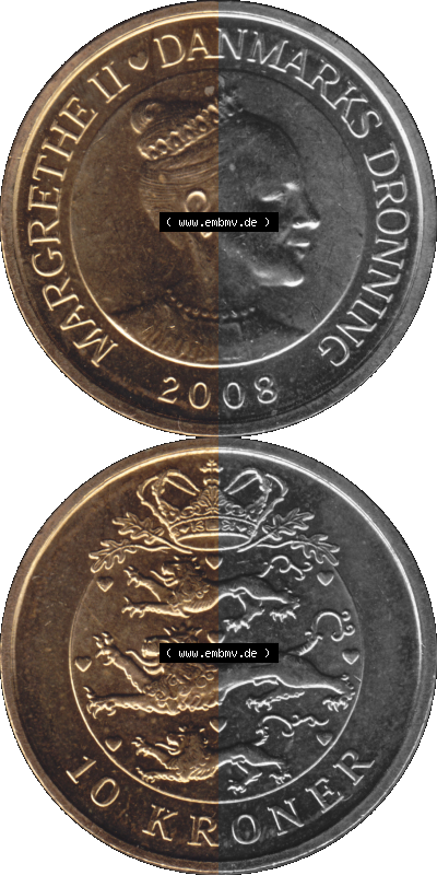 Münze aus Dänemark als PNG-Grafik 2004-2010, 10 Kronen 2008, transparente PNG-Grafik in 1090 x 2180 Pixel Sammlung