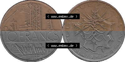 Münzen Frankreich Umlaufmünze 1974-1987, 10 Franken-Francs 1978 (Stück 1). Vorderseite und Rückseite horizontal auf einen... Sammlung