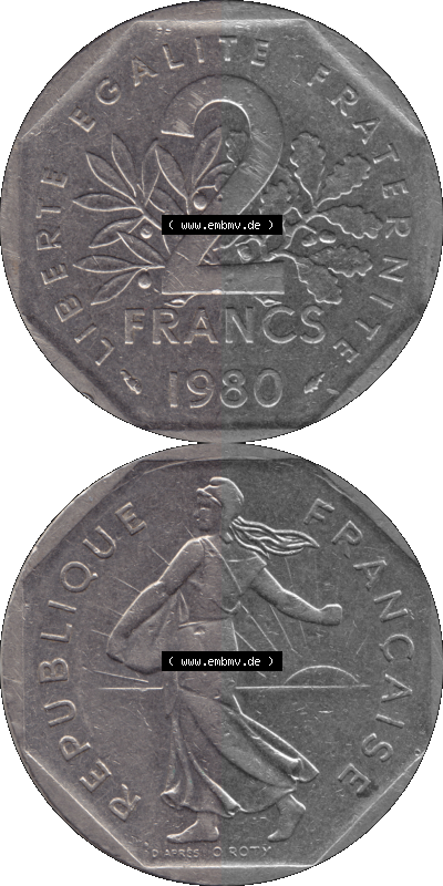 Münzen Frankreich Umlaufmünze 1979-2001, 2 Francs Säerin Semeuse 1980 (Stück 1). Vorderseite und Rückseite vertikal auf einen... Sammlung