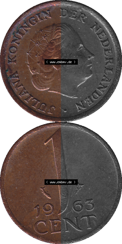 Münze der Niederlande 1951-1975, in PNG digitalisiert 1950-1980, 1 Cent Königin Juliana 1963, Vorderseite und Rückseite vertikal,... Sammlung