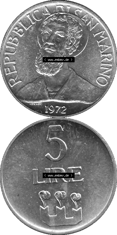 Münzensatz / KMS 1972 aus San Marino in Graustufen 1972-1972, 5 Lire, 1972, LIRE MONASSI REPUBBLICA DI SAN MARINO Sammlung