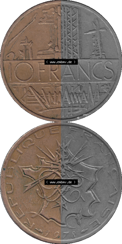 Münzen Frankreich Umlaufmünze 1974-1987, 10 Franken-Francs 1978 (Stück 1). Vorderseite und Rückseite vertikal auf einen digitalen... Sammlung