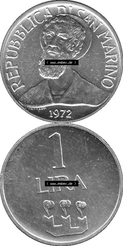Münzensatz / KMS 1972 aus San Marino in Graustufen 1972-1972, 1 Lira, Lire 1972, 1 LIRA MONASSI REPUBBLICA DI SAN MARINO Sammlung
