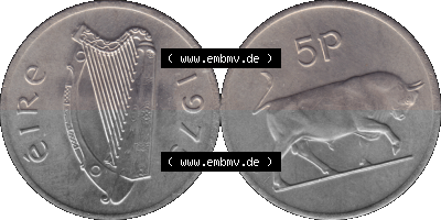 Münze aus Irland als PNG-Grafik 1969-1990, 5 Pence 1976 Sammlung
