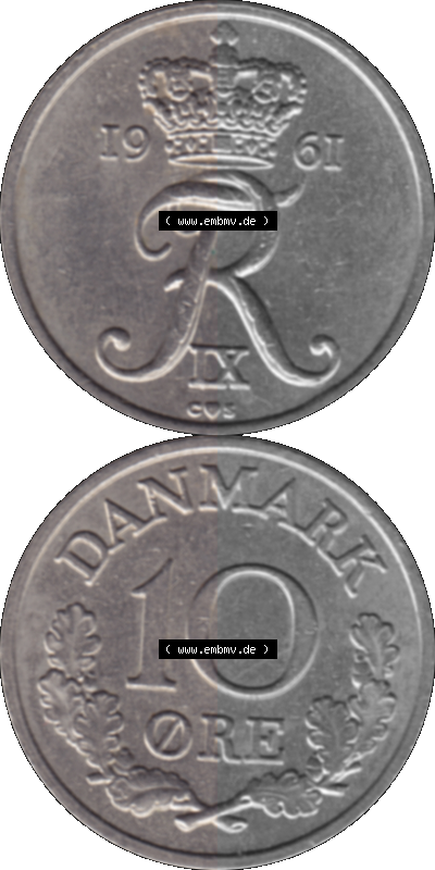 Alte Münze aus Dänemark als PNG-Grafik 1960-1972, 10 Öre 1961 (Stück 1). Vorderseite und Rückseite vertikal auf einen digitalen... Sammlung