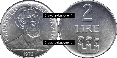 San Marino 1972-1972, Münze 2 Lire 1972, 2 LIRE MONASSI REPUBBLICA DI SAN MARINO Sammlung