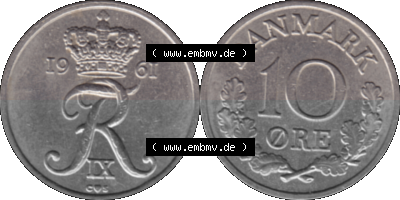 Alte Münze aus Dänemark als PNG-Grafik 1960-1972, 10 Öre 1961 (Stück 1). Vorderseite und Rückseite horizontal auf einen digitalen... Sammlung