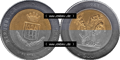 Gedenkmünzen aus San Marino, in PNG 1983-1983, 500 Lire Bedrohung durch einen Atomkrieg 1983 (Stück 1). Vorderseite und Rückseite... Sammlung