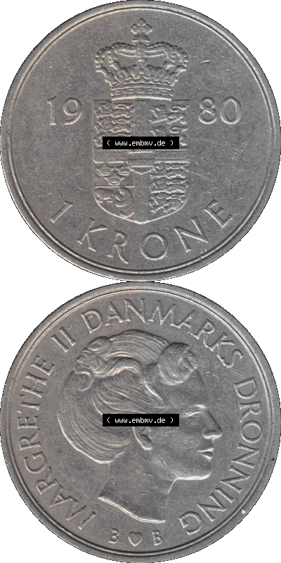Alte Münze aus Dänemark als PNG-Grafik 1979-1981, 1 Krone 1980 Kursmünze Sammlung