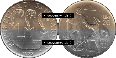 San Marino 1972-1972, Münze 20 Lire, 1972, MONASSI REPUBBLICA DI SAN MARINO Sammlung