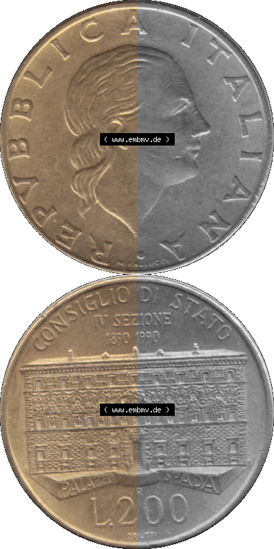 Münze aus Italien / Italia als PNG-Grafik 1990-1990, 200 Lire Gründung von Staatsrat 1990 Sammlung