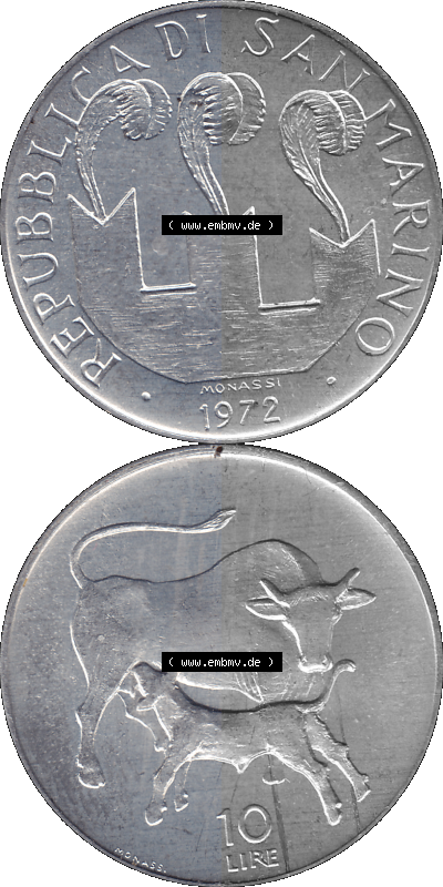San Marino 1972-1972, Münze 10 Lire 1972, MONASSI REPUBBLICA DI SAN MARINO, 10 LIRE Sammlung