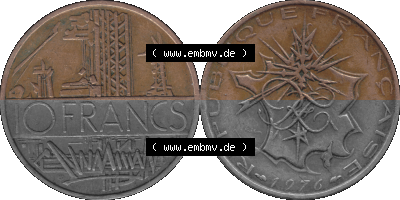 Münzen Frankreich Umlaufmünze 1974-1987, 10 Franken-Francs 1976 (Stück 1). Vorderseite und Rückseite horizontal auf einen... Sammlung