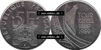 Münzen Frankreich Umlaufmünze 1989-1989, 5 Francs Franken Eiffelturm 1989 (Stück 1). Vorderseite und Rückseite horizontal... Sammlung