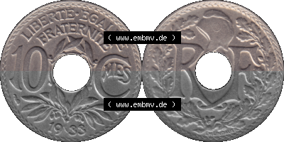PNG einer Münze aus Frankreich 1917-1938, 10 Centimes, Cent 1933 Sammlung