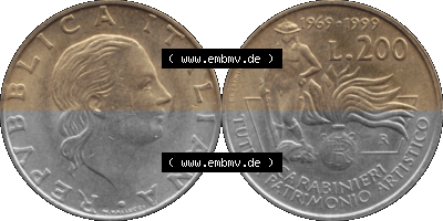 Münze aus Italien / Italia als PNG-Grafik 1999-1999, 200 Lire Carabinieri, Schutz der Kunsterbe 1999 Sammlung