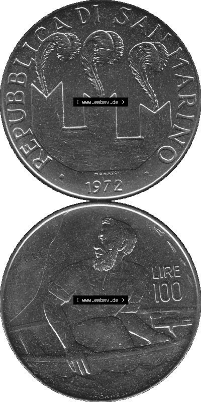 Münzensatz / KMS 1972 aus San Marino in Graustufen 1972-1972, 100 Lire von 1972, 100 LIRE MONASSI REPUBBLICA DI SAN MARINO Sammlung