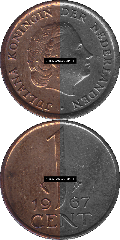 Münze der Niederlande 1951-1975, in PNG digitalisiert 1950-1980, 1 Cent Königin Juliana 1967, Vorderseite und Rückseite vertikal,... Sammlung
