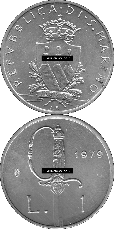 Münzensatz / KMS 1979 aus San Marino in Graustufen 1979-1979, 1 Lira, 1 Lire, J. V. LIBERTAS REPVBBLICA DI S. MARINO, 1979 L.1 Sammlung