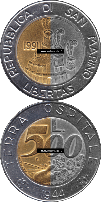 Gedenkmünzen aus San Marino, in PNG 1991-1991, 500 Lire Münze Terra Ospitale 1944 - Jahrgang 1991 (Stück 1). Vorderseite und... Sammlung