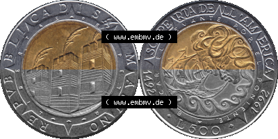 Gedenkmünzen aus San Marino, in PNG 1992-1992, 500 Lire Columbus 1992 (Stück 1). Vorderseite und Rückseite horizontal auf einen... Sammlung