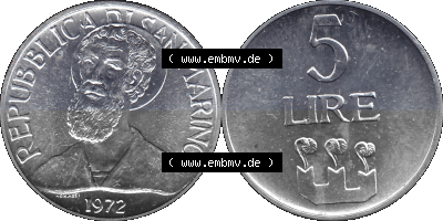 San Marino 1972-1972, Münze 5 Lire, 1972, LIRE MONASSI REPUBBLICA DI SAN MARINO Sammlung