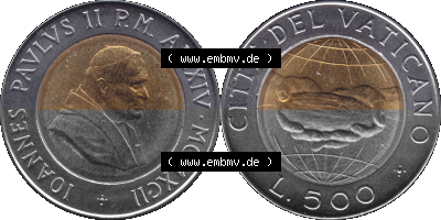 Vatikanstadt / Vatikan als PNG-Grafik 1992-1992, 500 Lire Papst Giovanni Paolo II. 1992 Sammlung