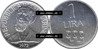 San Marino 1972-1972, Münze 1 Lira, Lire 1972, 1 LIRA MONASSI REPUBBLICA DI SAN MARINO Sammlung